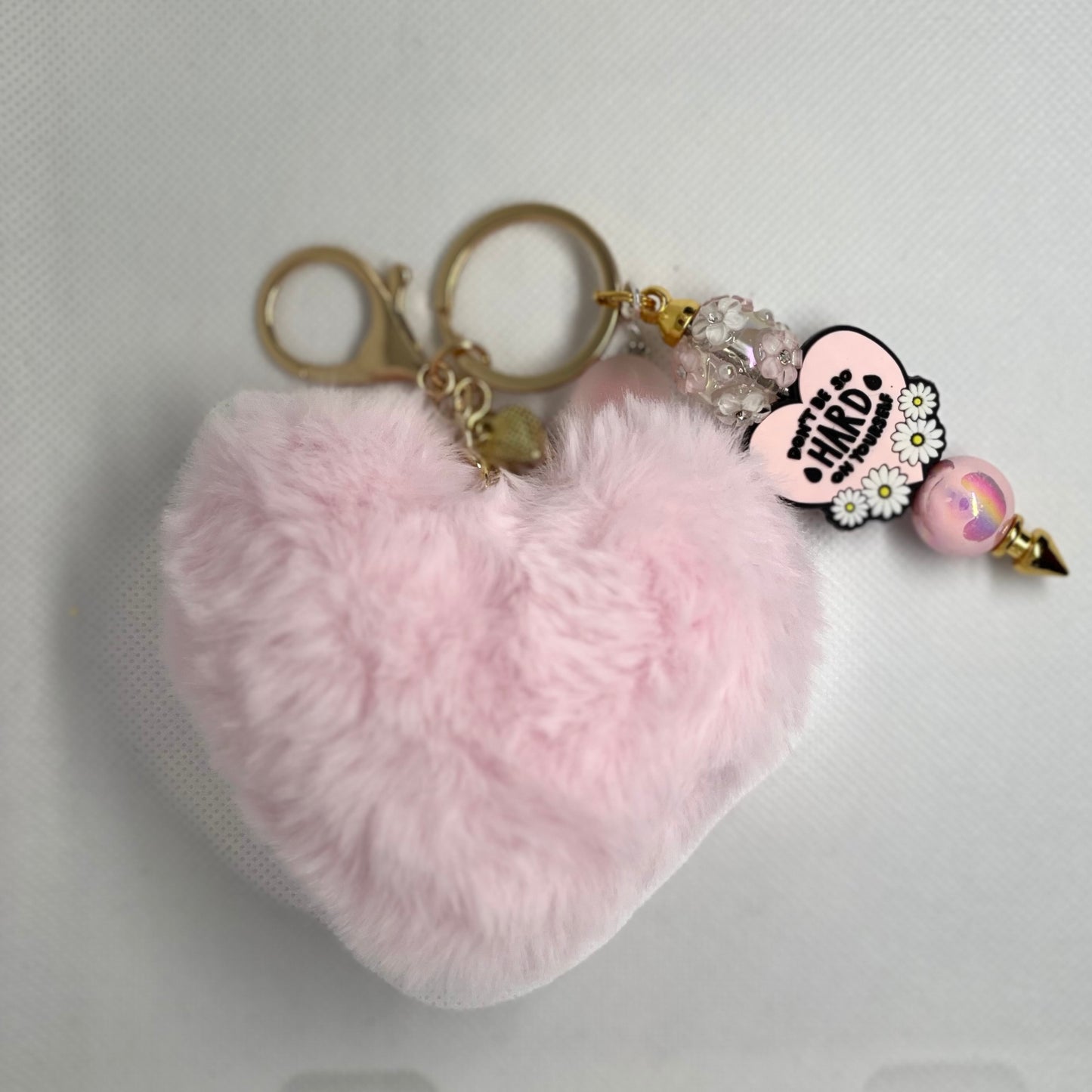 Pink Puffy Heart Beaded Keychain