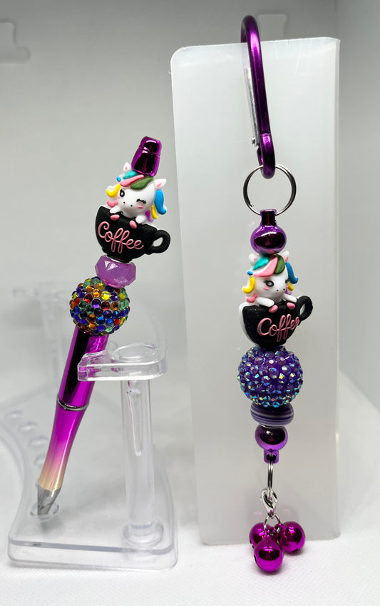 Unicorn Coffee Beaded Pen and Carabiner