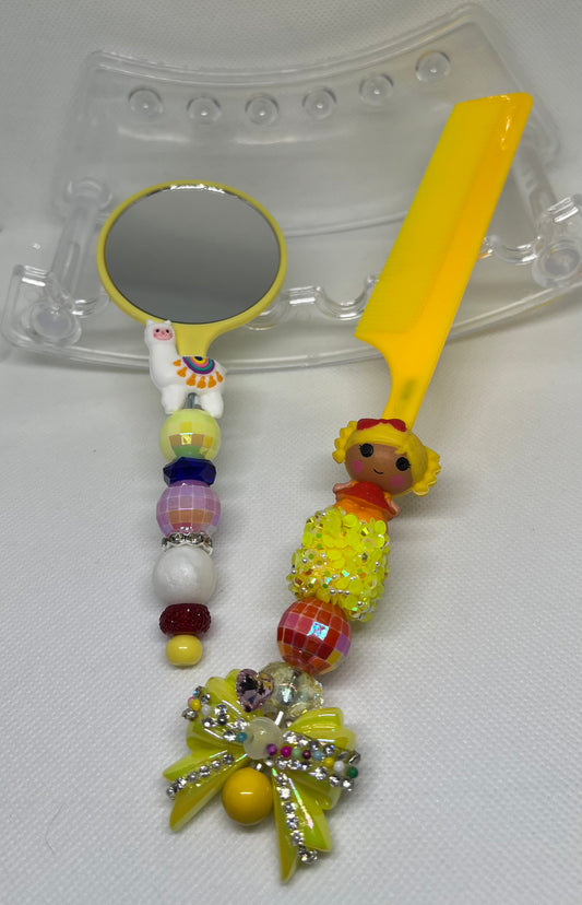 Yellow Beaded Mirror & Comb Set