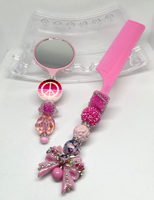 Pink Beaded Mirror & Comb Set